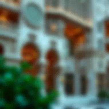 Intricate facade details of Dar Al Riffa highlighting the blend of modern and traditional design elements