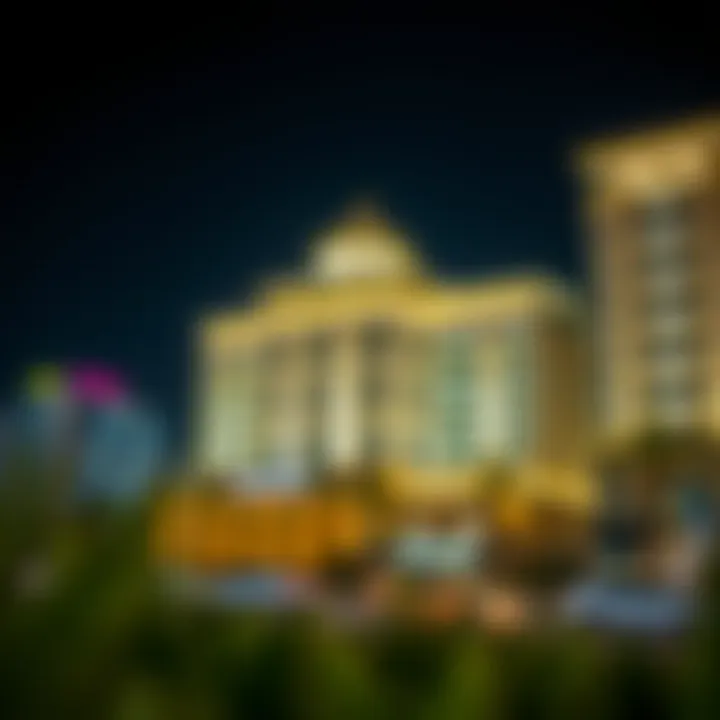 Night view of Dar Al Riffa illuminated, emphasizing its architectural brilliance in the urban landscape