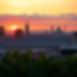 A panoramic view of a historic city skyline at sunset.