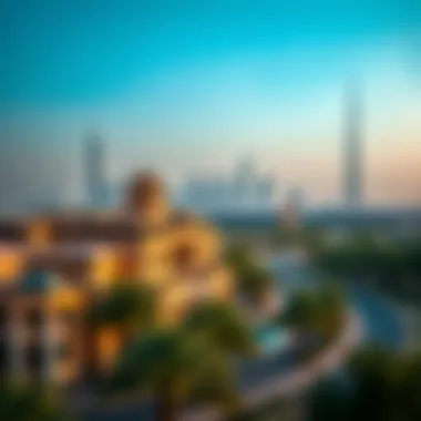 Dubai Skyline with Arabian Estates Panoramic view of Dubai skyline with Arabian estates in the foreground