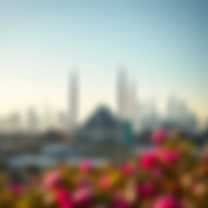 A panoramic view of Dubai's skyline with a mosque prominently featured