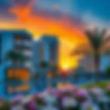 A stunning view of Gardenia's modern architecture against a sunset