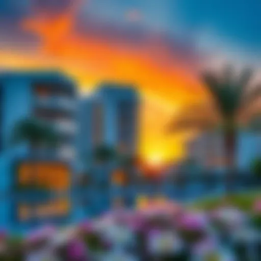 A stunning view of Gardenia's modern architecture against a sunset