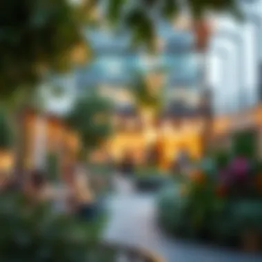 A bustling community area filled with vibrant greenery and social spaces within a liv residence.