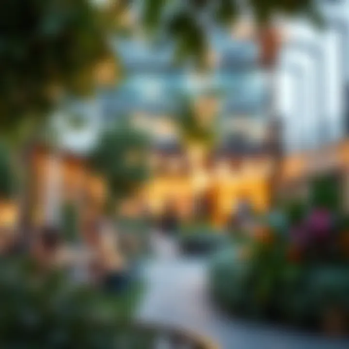 A bustling community area filled with vibrant greenery and social spaces within a liv residence.