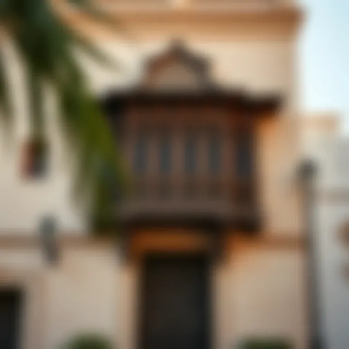 The intricate façade of a traditional building in Old Town Dubai.