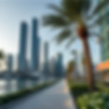 A scenic view of Dubai Marina walk with skyscrapers in the background