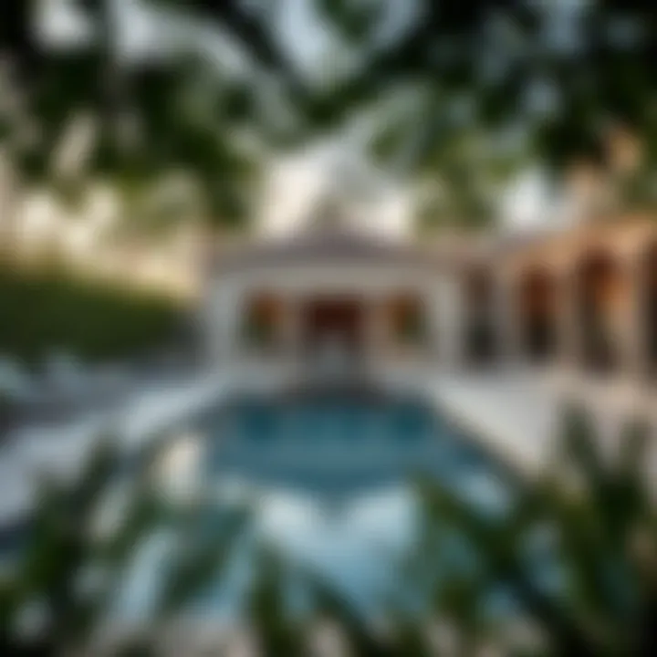 Lavish outdoor amenities such as a pool and garden in a fancy home