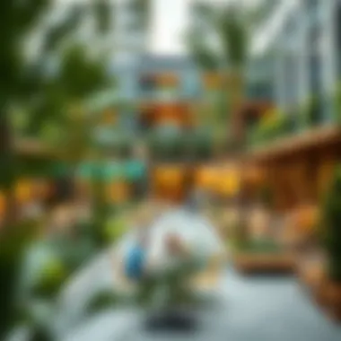 A vibrant community space at Ghoroob Square with lush greenery