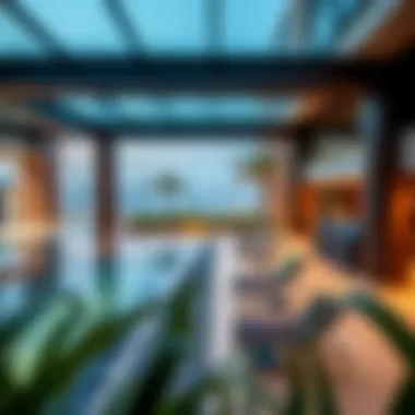 Panoramic view of amenities including pool and gym facilities within the residence