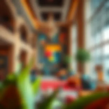 Vibrant hotel lobby exhibiting local art and culture