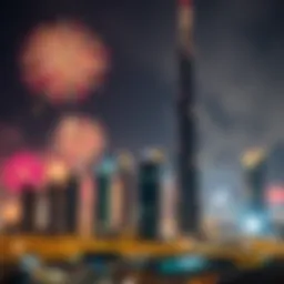 Celebratory fireworks lighting up the Dubai skyline during National Day.