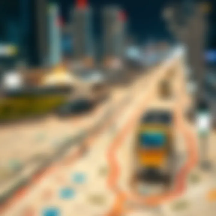 Map highlighting metro station routes around Dubai Hills Mall