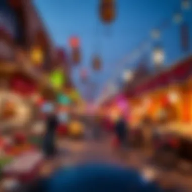 A vibrant market scene bustling with Ramadan decorations and lights