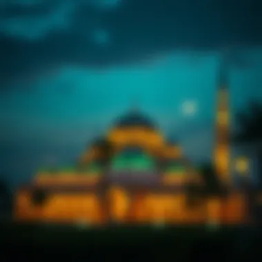 A serene view of a mosque illuminated at dusk during Ramadan