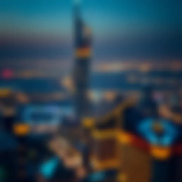 Panoramic view of Sahab Al Emarat Tower illuminated at night, highlighting its prominence in the Dubai skyline.