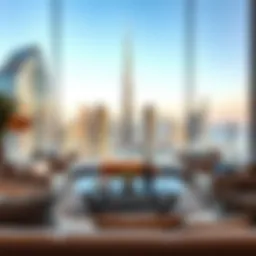 Overview of Dubai skyline with modern furniture
