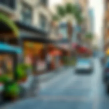 A vibrant neighborhood filled with bustling shops and cafes