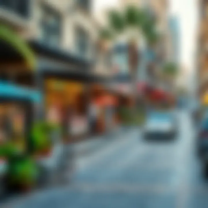 A vibrant neighborhood filled with bustling shops and cafes