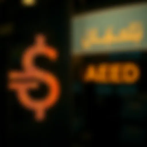 Currency exchange symbols highlighting USD and AED